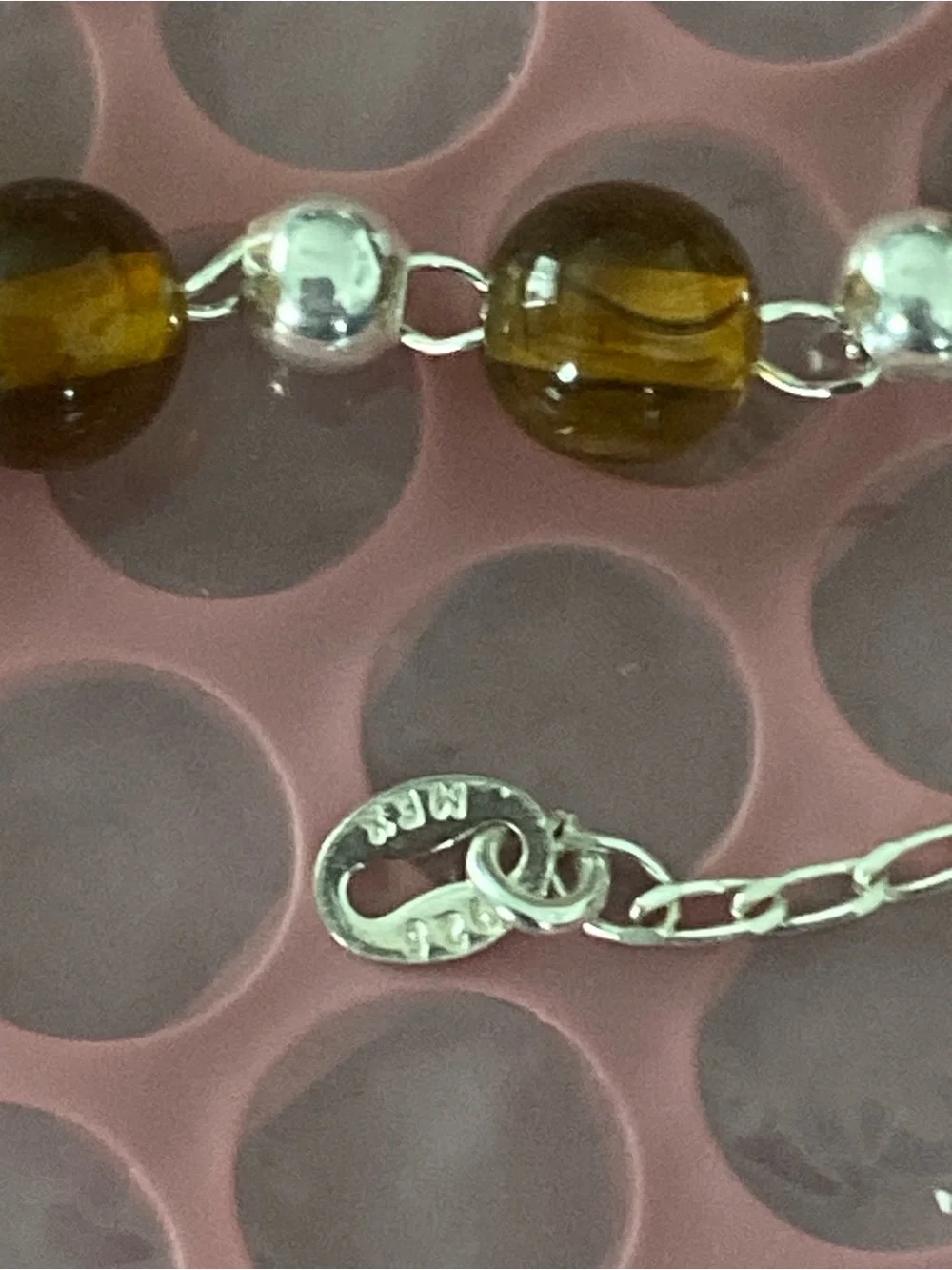 Silver 925 Sacred Heart Amber Beaded Bracelet - Women Jewelry